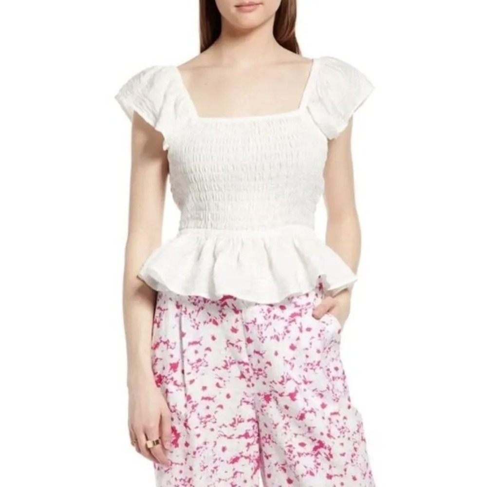 Open Edit Women's Square Neck Smocked Flutter Sleeve‎ Peplum Top in White Small